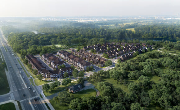 Aerial builder rendering of Riverview Oakville by Caivan near Bronte Creek and surrounding green space.