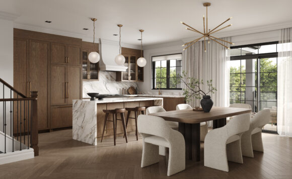 Builder rendering of chef-inspired kitchen and dining area at Riverview Oakville by Caivan with marble island and patio doors.