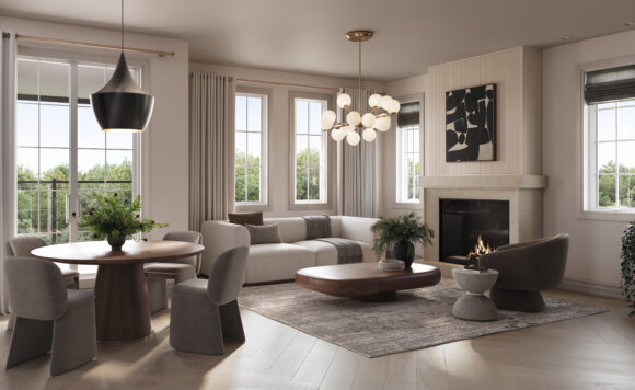 Builder rendering of an open-concept living room at Riverview Oakville by Caivan with fireplace, large windows, and dining area.